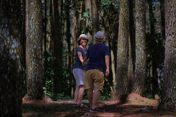 Man and woman walking together entering a shady pine woods
