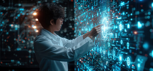 In a technology research center: a male project manager works with a computer. The concept of modern scientific technologies and new developments.