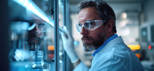 In a technology research center: a male project manager works with a computer. The concept of modern scientific technologies and new developments.