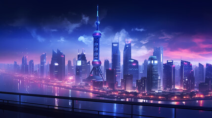 Obraz premium Panoramic night view of bustling city skyline and skyscrapers