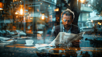 A business man sits and reads a newspaper in a coffee shop.