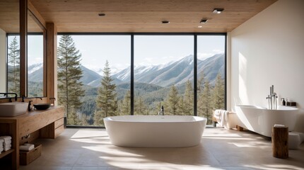 Fashionable bathroom featuring freestanding tub embracing mountainous beauty 
