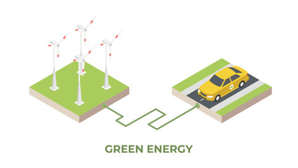 Electric car charging at the charger station in front of the windmills. Ecology isometric illustration. Electromobility e-motion concept.