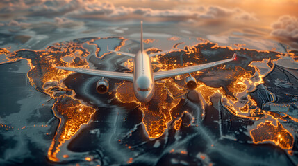 Travel around the world. Travel concept, air travel. Airplane on the world map.