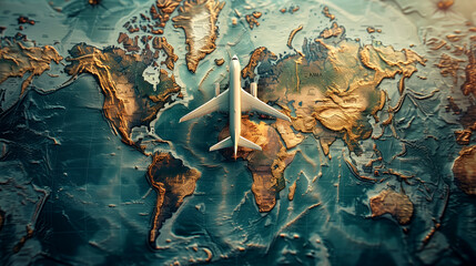 Travel around the world. Travel concept, air travel. Airplane on the world map.
