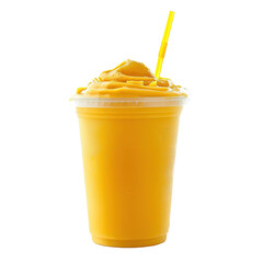 Fresh gourmet mango smoothie in a large transparent glass isolated on white background.