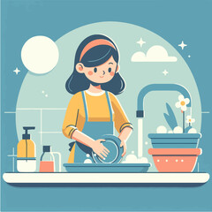 flat design illustration of woman washing dishes