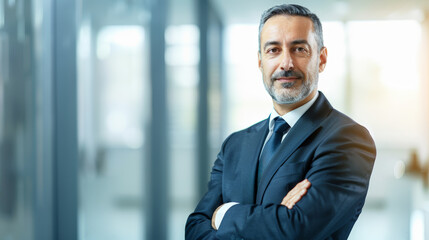Fototapeta premium Portrait of a successful businessman with confident and friendly facial expression and his arms crossed in front of blurred office background. Generative AI