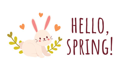 Hello spring. Bunny with spring flowers. Cute vector illustration for spring design. Flat style vector illustration