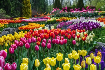 beautiful scenic garden with different color tulips in flower beds, each flowerbed has different color