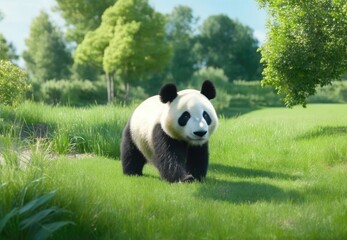 Cheerful playing panda on green lawn. Rare endangered animals protected concept. Cute clumsy black and white bear.
