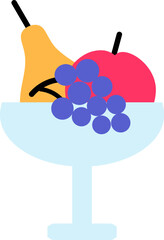 Tall vase on thin stem filled with fresh fruits and berries, birthday symbol. Simple style festive fruit set for design of children entertainment center. Color stroke icon isolated on white back