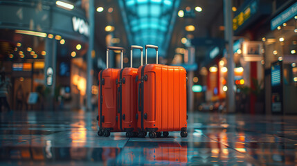 Tourist fashion. Closeup shot of suitcases standing in an empty airport corridor, stylish luggage bags waiting in the terminal, air travel banner and vacation booking concept