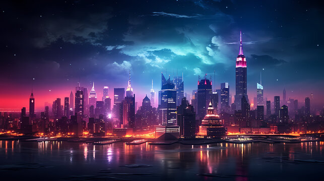 Future city, neon lights and high-rise buildings