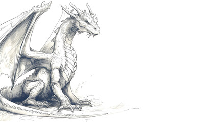  hand drawn sketch of a dragon on white background copy space. Generative Ai