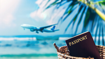 Passport against the background of an airplane flying in the sky. Air travel, tourism and travel concept.