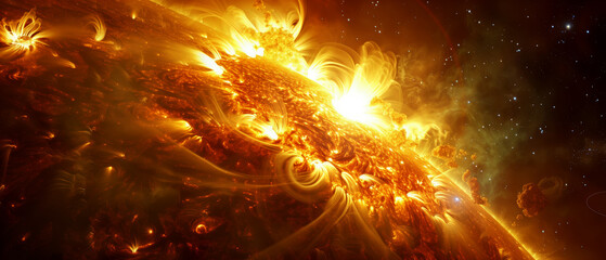 Solar protuberances. Sun in space. Close up of the solar surface with powerful bursting flares and star protuberances erupting with magnetic storms and plasma flashes. Solar activity.