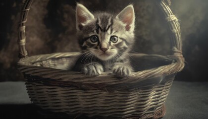Fototapeta na wymiar small striped kitten in the old basket