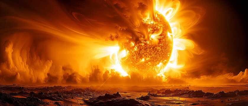 Solar protuberances. Sun in space. Close up of the solar surface with powerful bursting flares and star protuberances erupting with magnetic storms and plasma flashes. Solar activity.