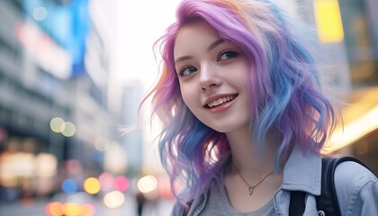 color hair asian girl in city taking selfie
