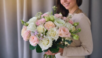 very nice young woman holding big and beautiful flower bouquet of fresh roses eustoma pistachio matthiola in pink and pastel cream colors close up view