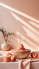 Minimal fruit concept made with juicy peaches in a wooden bamboo bowl against sunny coral wall with copy space. Bright peachy summer design.
