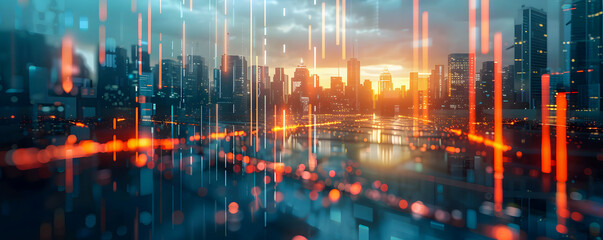 City skyline with glowing financial graphs, symbolizing economic growth and stock market.