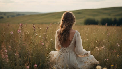 Calming scene with a woman in a white linen summer dress sitting in a green field with wild flowers. Nostalgic and relaxing nature concept. Natural spring aesthetic.