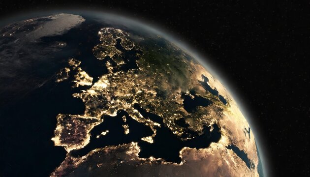 realistic render of the earth seen from space visible lights of european cities at night elements of this image furnished by nasa 3d rendering