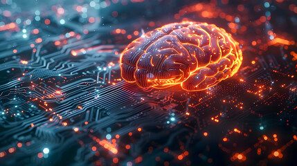 A glowing digital brain circuitry, symbolizing artificial intelligence and advanced computing.