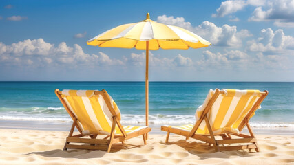 Bright summer holiday concept made with two bold yellow beach chairs and sun umbrella on a sand beach. Relax and sunbath on a sunny day by the sea.