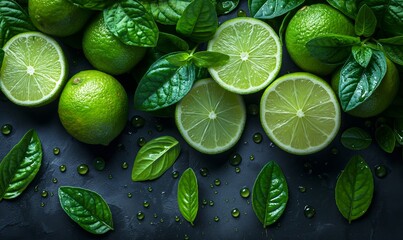 Fruit background with fresh lime fruits with leaves