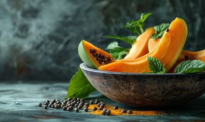 Papaya fruits on a gray table with leaves, fruit background.