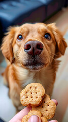 Close-up of an eager Golden Retriever looking at treats with anticipation.