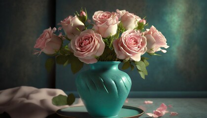 bouquet of pink roses in turquoise ceramic vase