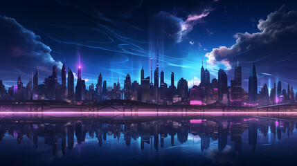 Future city, neon lights and high-rise buildings