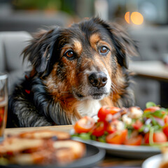 Attentive dog with a soulful gaze sitting at a table with a meal.