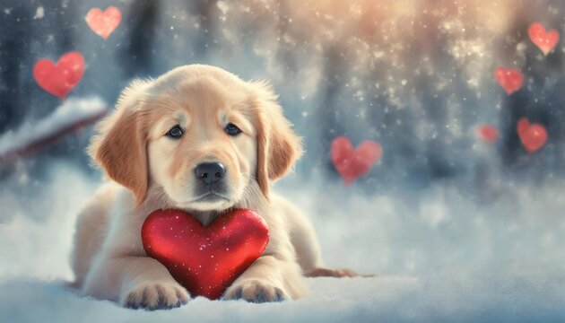 golden retriever puppy with red heart on a snowy background cute dog and valentine valentine s day greeting card love concept romantic banner copy space