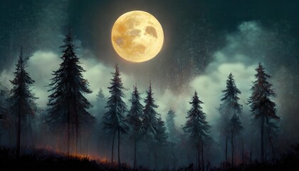 Fototapeta na wymiar full moon over the spruce trees of magic mystery night forest halloween backdrop