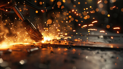 Close-up of bright sparks flying from the sides during welding. A welding worker works on metal products in a workshop.