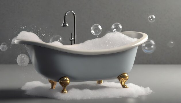 small bathtub with foam and soap bubbles on grey background