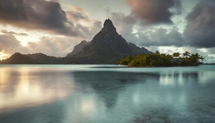 view of the mont otemanu mountain reflecting in water at sunset in bora bora french polynesia south pacific - obrazy, fototapety, plakaty