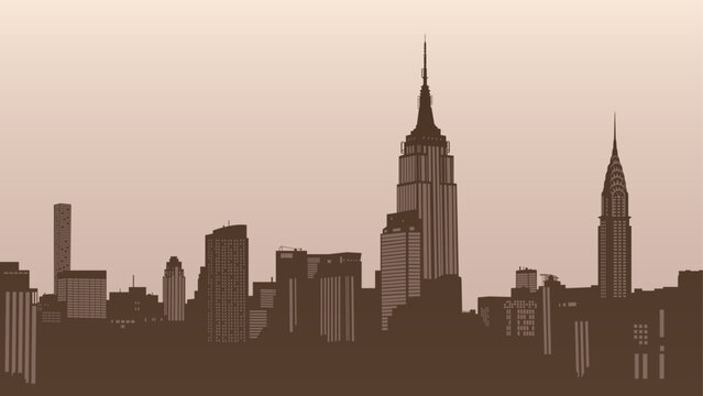 New York, United States. Empire State Building, Rockefeller Plaza, Office Building. Silhouette vector background of Manhattan. Travel illustration