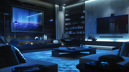 A lounge area with smart entertainment systems, comfortable seating, and stylish decor - obrazy, fototapety, plakaty