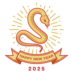 舌を出す蛇と光輪　英語賀詞  - 2025年　巳年　年賀状素材