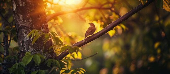 Solitary Songbird Perched on a Branch at Golden Hour in a Lush Forest