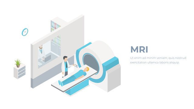 Isometric flat 3D concept vector hospital medical mri web illustration. Nuclear magnetic resonance imaging tomography room interior.