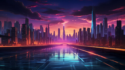 Future city, neon lights and high-rise buildings - obrazy, fototapety, plakaty