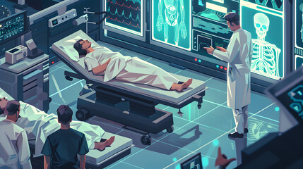 Illustrate a scene depicting AI-powered medical technologies assisting doctors in diagnosing and treating patients."
