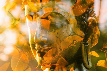 Magha Asanha Visakha Puja Day , Buddha statue , bodhi leaf with double exposure and len flared , soft image and soft focus style - generative ai